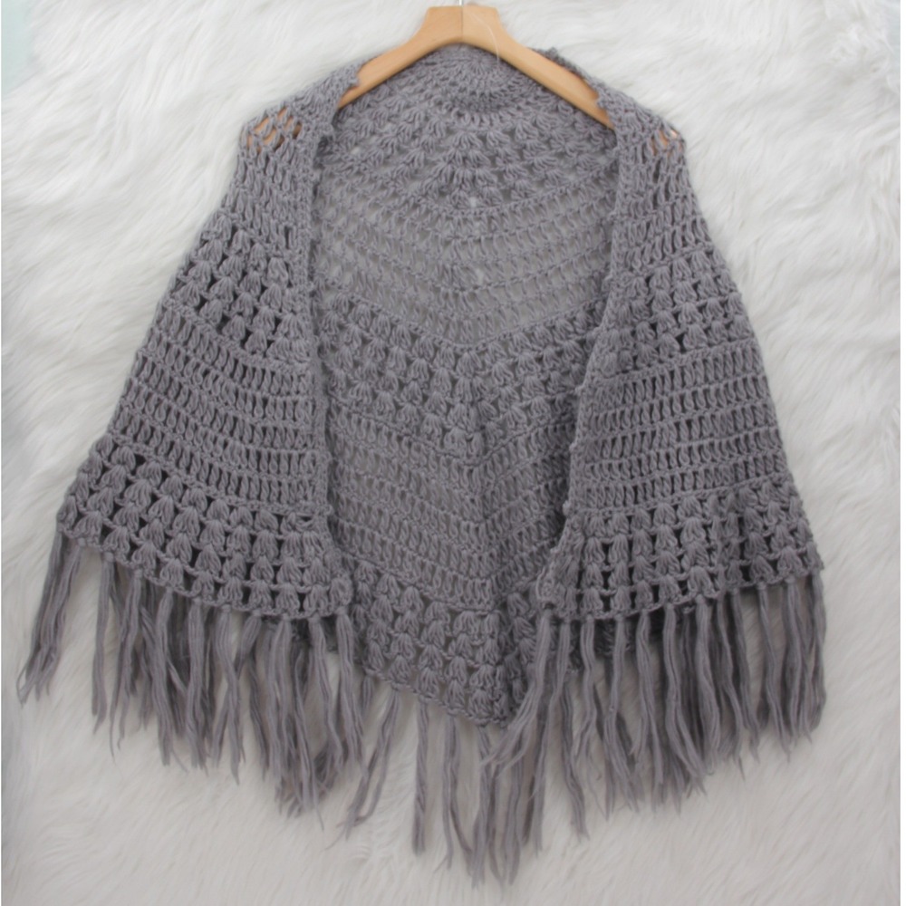 Vintage Gray Handmade TASSEL FRINGE Hobo Granny Boho CROCHET CAPE/PONCHO OS